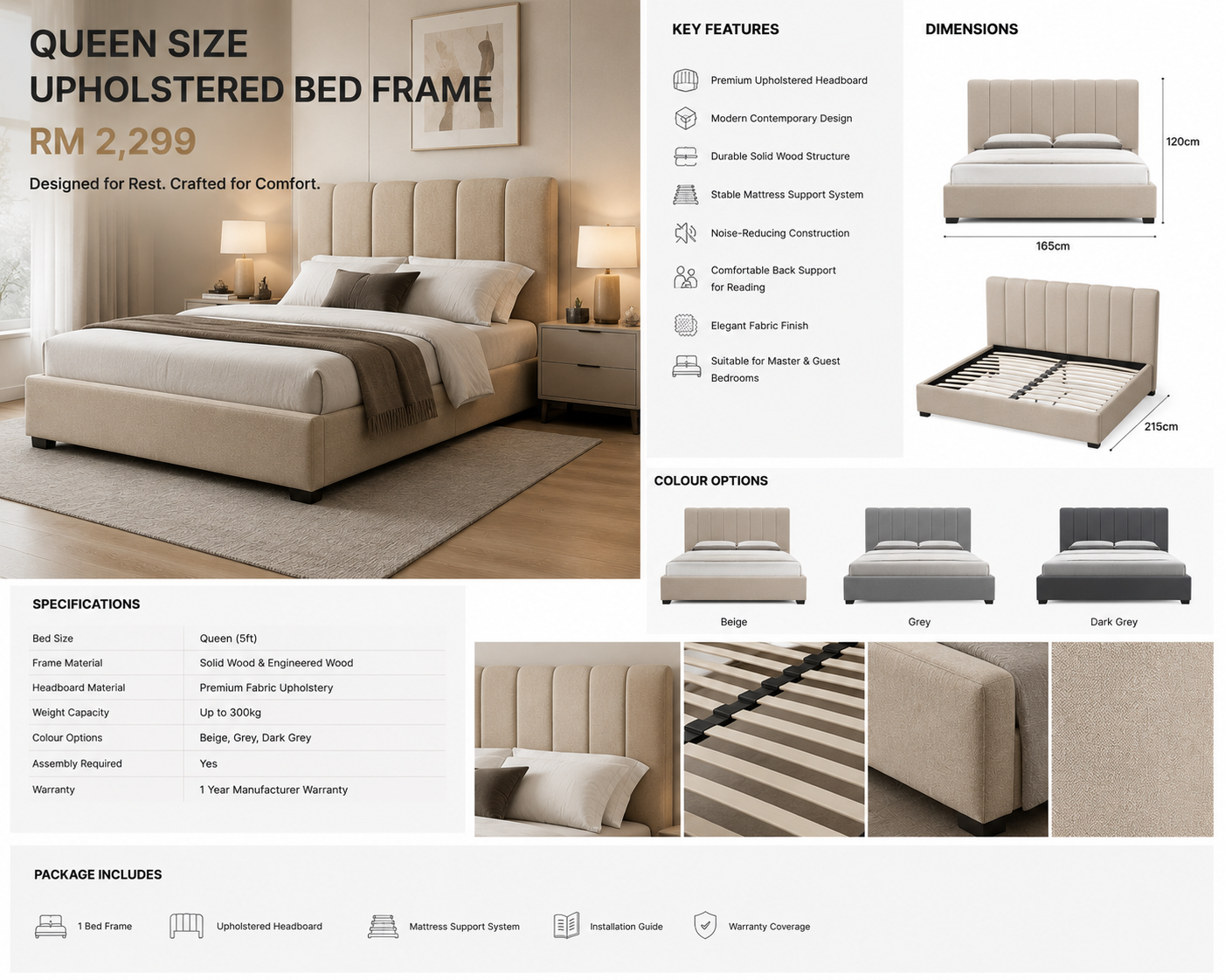 Queen Size Upholstered Bed Frame - Image 2