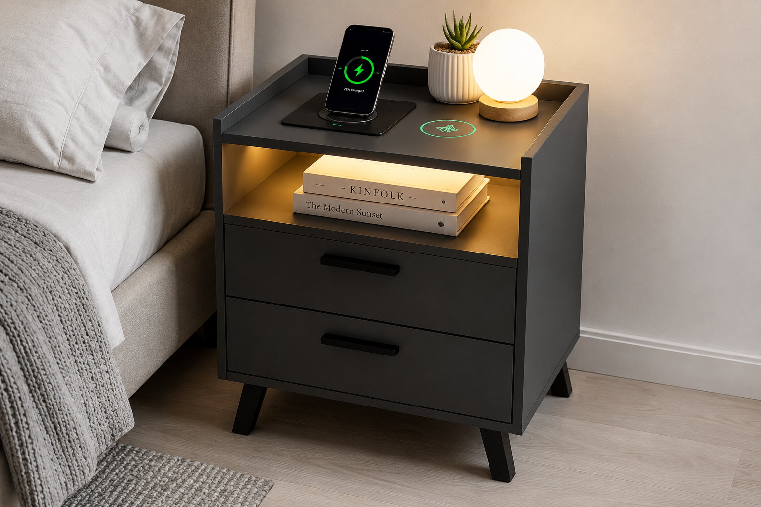Smart Bedside Table with Wireless Charger