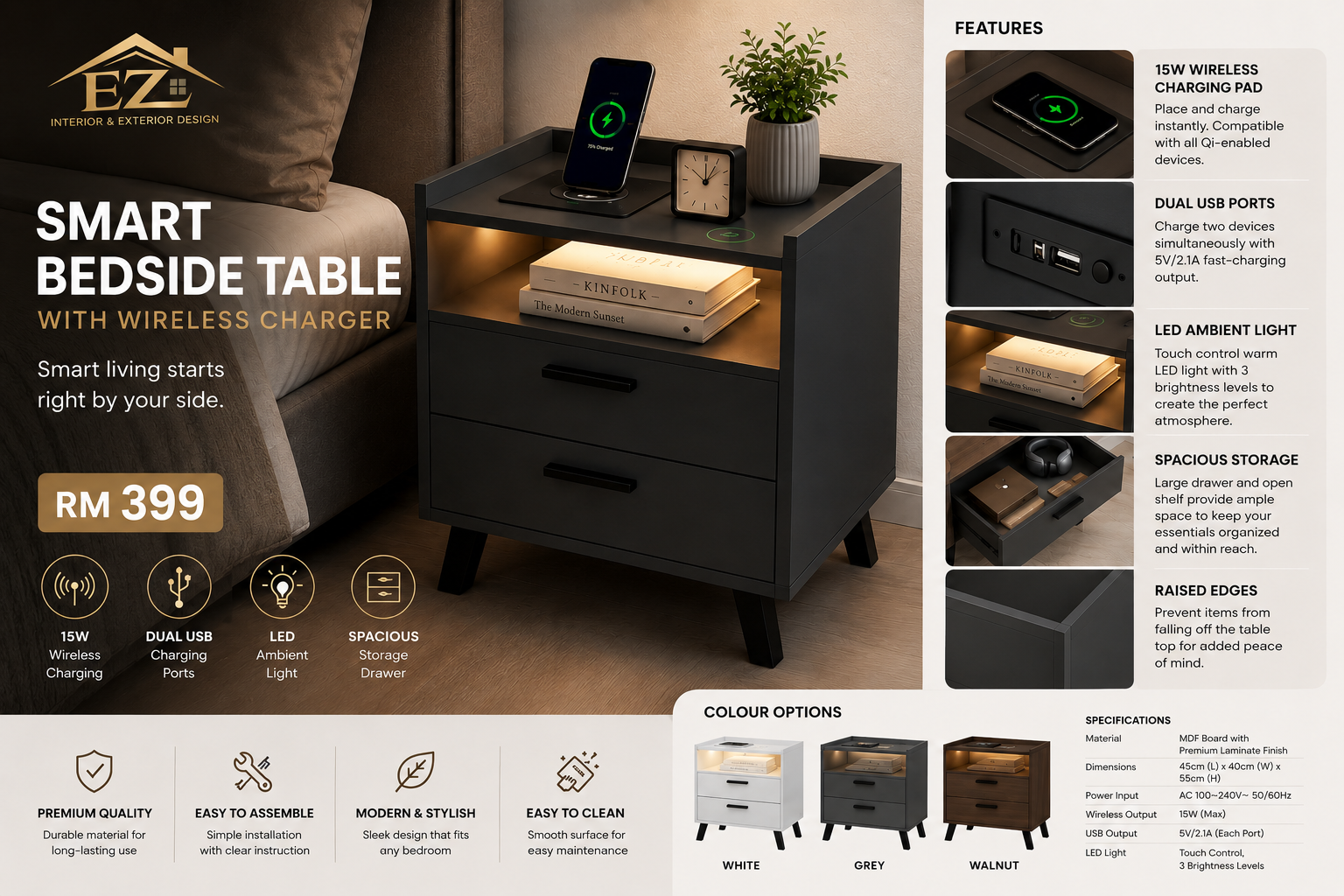 Smart Bedside Table with Wireless Charger - Image 2